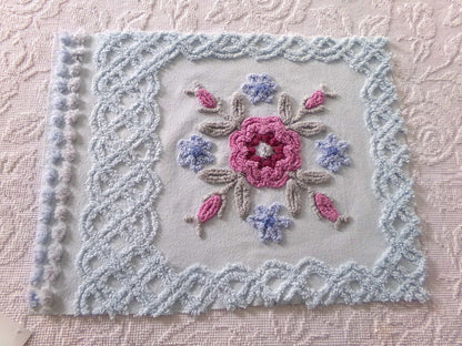 exquisite floral bloom chenille fabric, so pretty for pillow cover, 16" x 20.5" needletuft piece in ice blue with mauve pink flowers