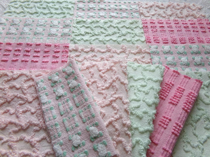 phantom rose 6" chenille squares, green, pink, white rosebud, set of 16 quilt blocks rotary cut from vintage chenille bedspread fabrics