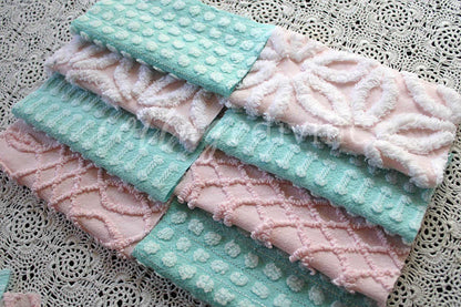 Pink & Aqua Chenille Quilt Squares Set, Rotary Cut from Vintage Chenille Bedspread Fabric, 16 Blocks, 6" x 6" inch each