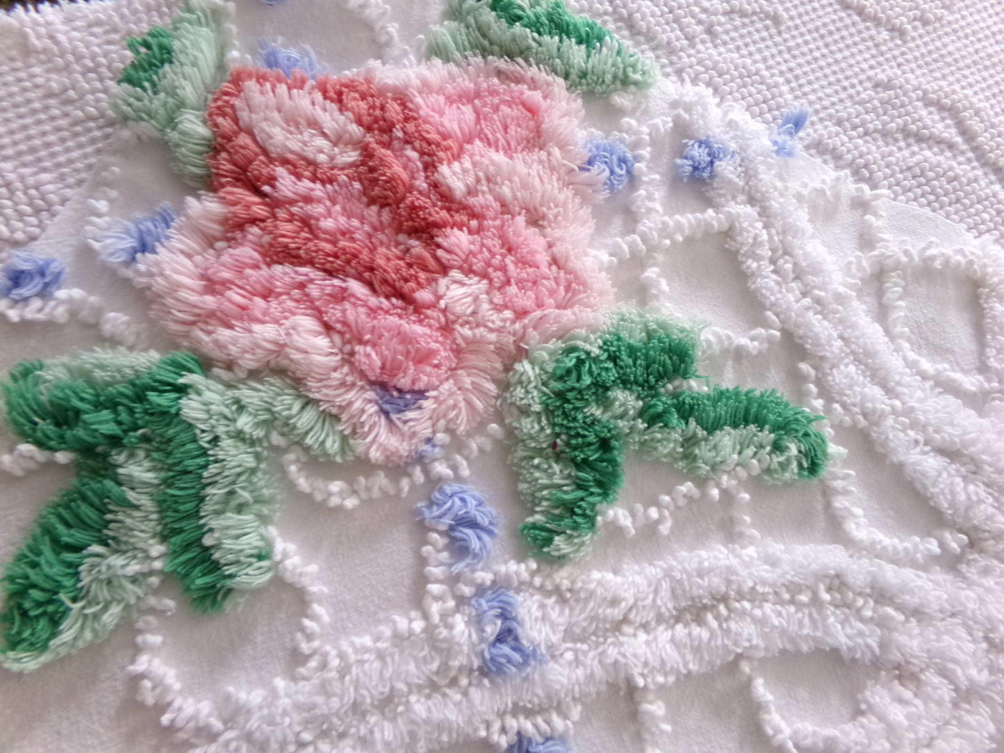 lovely cottage style floral fabric, 25" x 28" inch piece cut from vintage chenille bedspread, pink rose on white geometric loops & blue pops