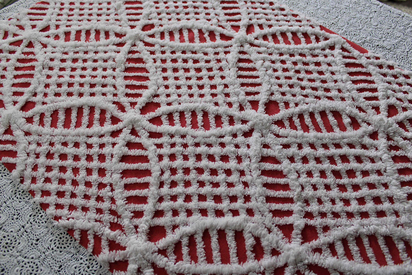 red & white chenille fabric, fun festive wedding rings, 19" x 27" inch piece, 100% lightweight cotton, great for vintage Christmas stockings