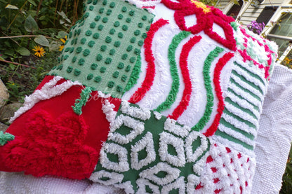 Christmas Patchwork Chenille Pillow Cover 16" x 16" inch Square, REVERSIBLE Accent Pillow Designed from Vintage Chenille Bedspread Fabric