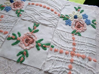 summer garden chenille fabric squares, set of 6 vintage 7.5" quilt blocks, peach, white rose floral & geometric for sewing, crafts, quilting