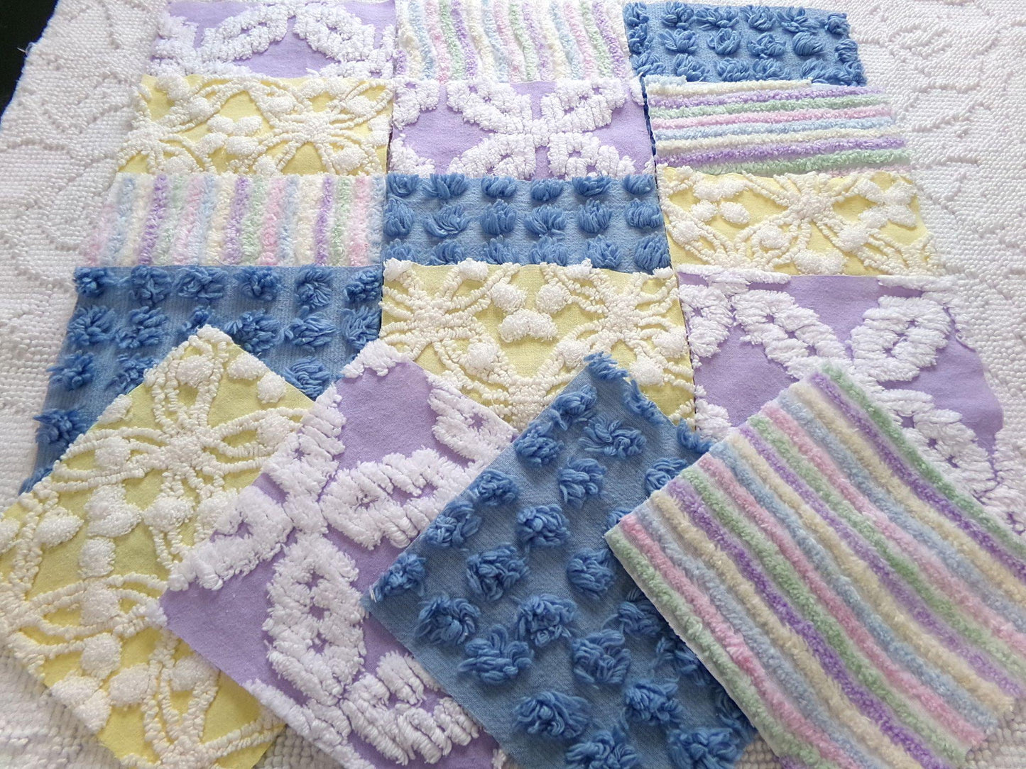 over the rainbow chenille fabric squares, set of 16 vintage quilt blocks 6" inches ea, dreamy serene blue, sunny yellow, soft lilac