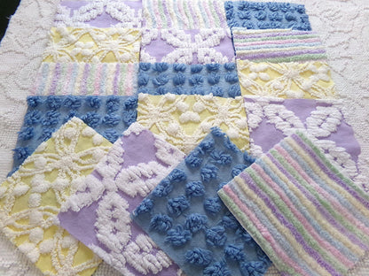 over the rainbow chenille fabric squares, set of 16 vintage quilt blocks 6" inches ea, dreamy serene blue, sunny yellow, soft lilac