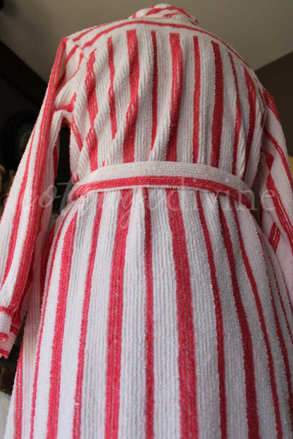 Feminine Flattering Vintage Chenille Robe, Siren Red & White Stripes Bathrobe, Ladies Size S, Lightweight Summer Cotton Blend