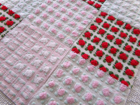 valentine rosebuds vintage chenille fabric squares, gorgeous medley of pink, red, white roses, set of 16 quilt blocks, 6" x 6" inch