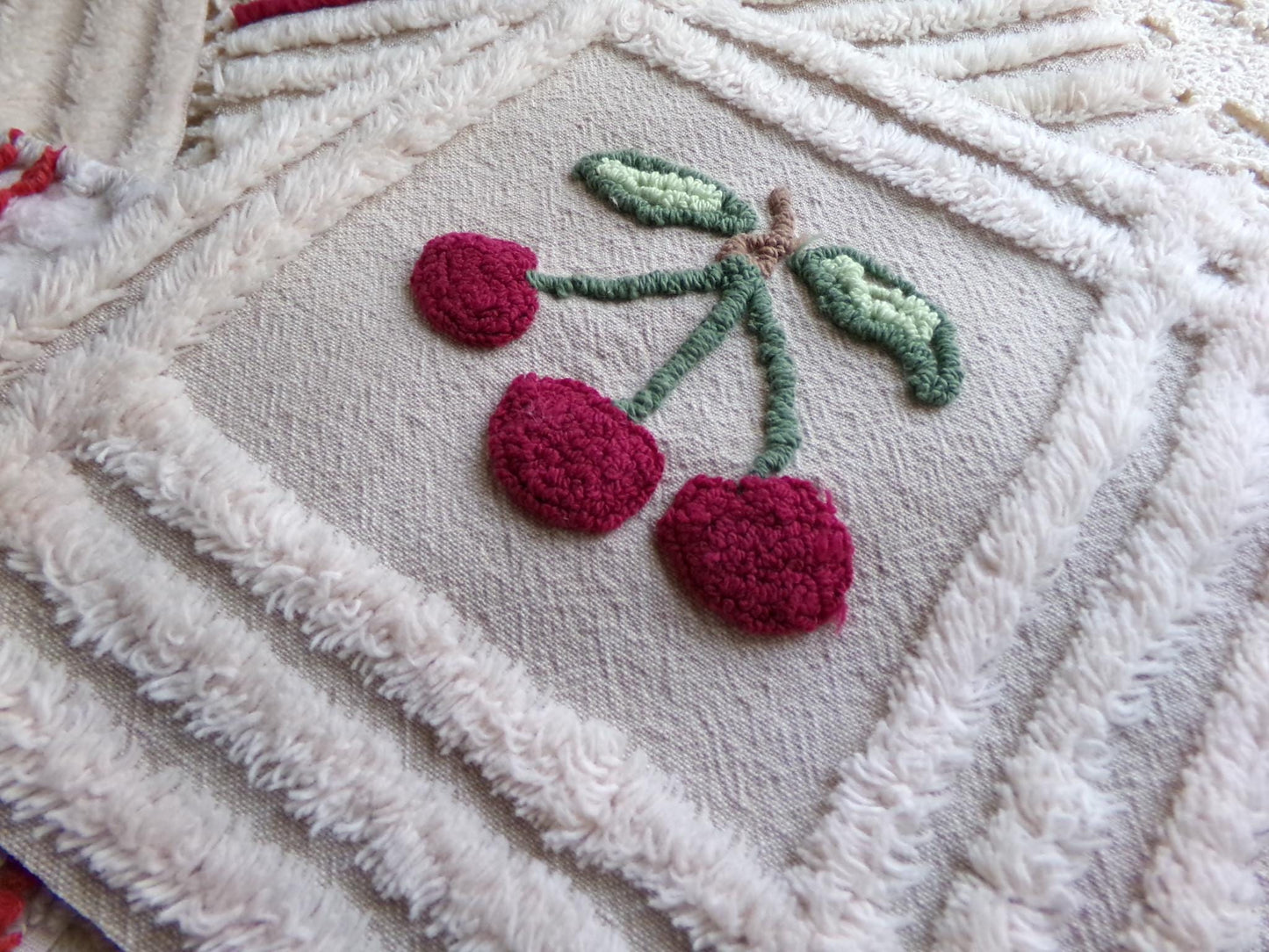 cheery cherry chenille quilt squares, 7.5" vintage fabric blocks, set of 8 in grey, white, maroon