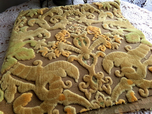 earthtones cut velvet fabric, distressed vintage Bates tapestry style chenille material, 20.5" x 15" piece, popular in boho bags