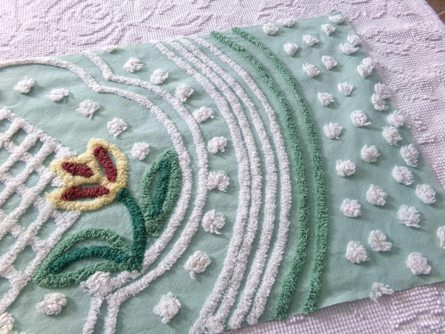 cutest springtime tulip vintage fabric, 13" x 23" inch piece cut from a chenille bedspread, mint green floral sewing material