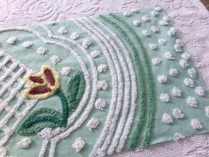 cutest springtime tulip vintage fabric, 13" x 23" inch piece cut from a chenille bedspread, mint green floral sewing material