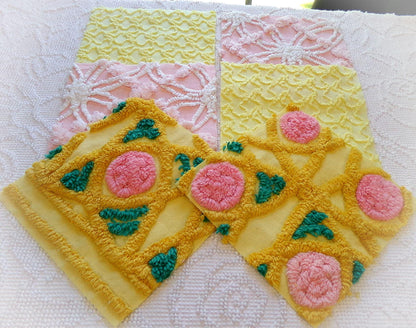 spring sun chenille fabric squares, 7.5" vintage quilt blocks, pink, gold, yellow floral & geometric, set of 6 for sewing, crafts, quilting