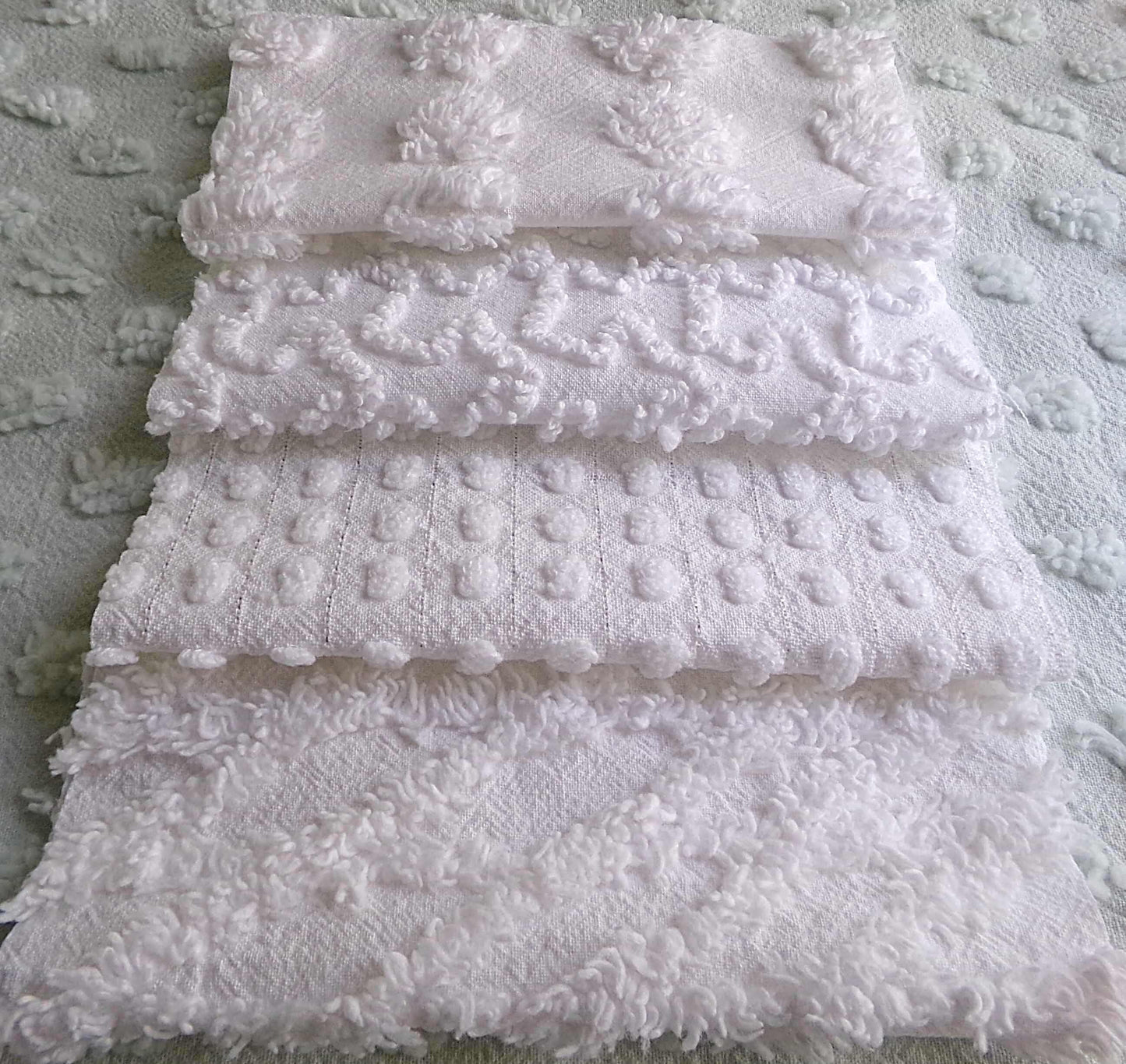 Snow Day White Fabric Squares Cut from Vintage Chenille Bedspreads, 16 Quilt Blocks, 6" x 6" inch each