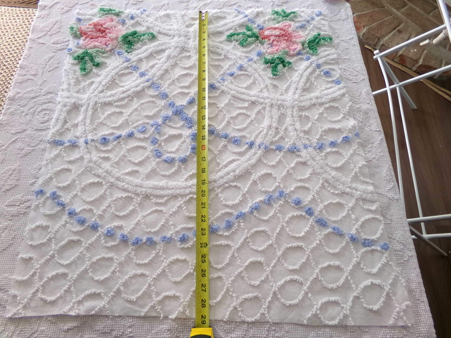 lovely cottage style floral fabric, 25" x 28" inch piece cut from vintage chenille bedspread, pink rose on white geometric loops & blue pops