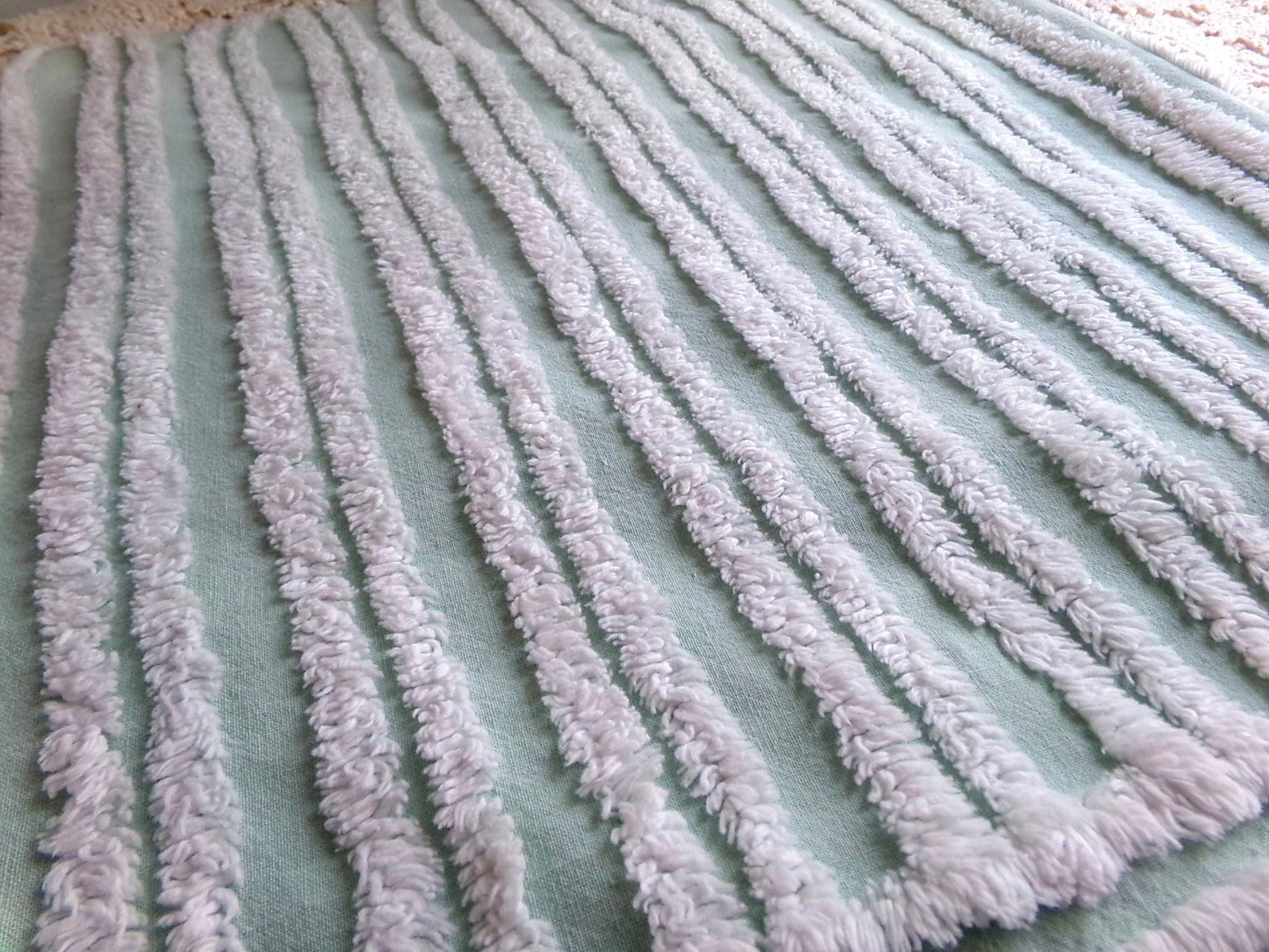 mint green & white striped chenille fabric, tufted stripes on vintage cotton, 16" x 27" inch cut piece, for sewing, craft projects