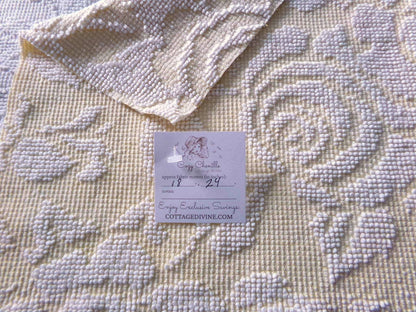Pastel Yellow & White Cabbage Rose Vintage Woven Chenille Fabric, 24" x 18" inch Piece, Versatile Material in Quilts, Pillows, Tote Bags