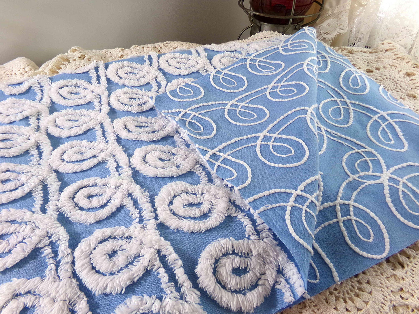White & Blue Chenille Fabric, Soft Curlicue Swirls, 18" x 26" inch Piece, Vintage Cotton Material for Quilting, Crafts