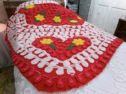 flower power vintage red hot chenille bedspread w/ hearts & daisies, full size plush cotton bedding