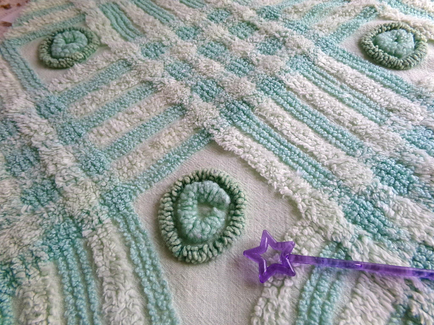 Retro Two Tone Shamrock Green Vintage Chenille Fabric Material, 18" x 31" inch Piece, Donut Dots, Long Tonal Stripes