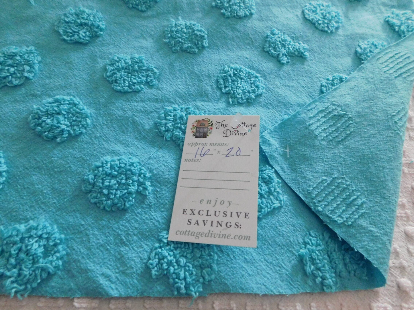 Jumbo Aqua Coin Pops Vivid Vintage Style Chenille Quilt Fabric Piece, 16" x 20" inches