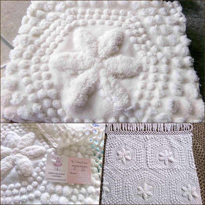 star mist white vintage chenille fabric, coastal 3D radiating starry pop motifs, 21" x 26" cut piece with fringe for pillows handmade quilts