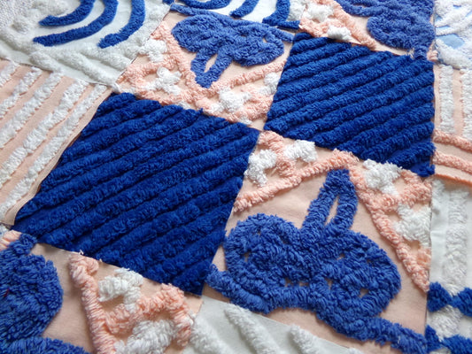 peach frost vintage chenille fabric squares, set of 16 peach & blue quilt blocks 6" ea, for fiber arts, sewing, quilting