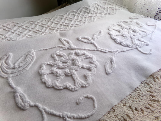 sophisticated white floral vintage chenille fabric, cotton sewing material, 15" x 27" inch piece for crafts & quilting