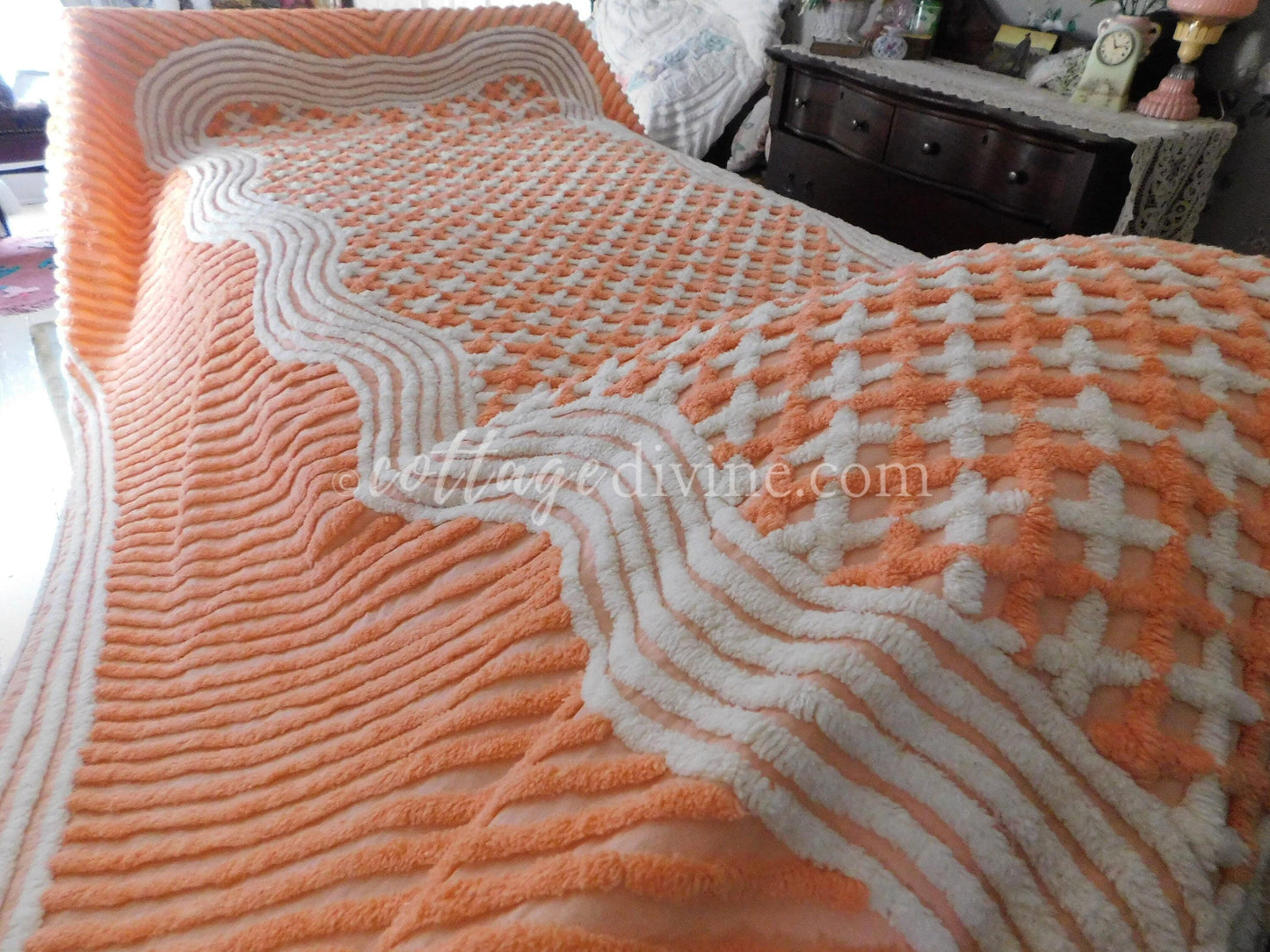 Delicious Peach Creamsicle Vintage Chenille Bedspread, 100% Plush Cotton, Twin Size