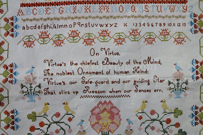 Rare VIRTUE Embroidery Sampler, Paragon Needlecraft Valentine Museum Reproduction, Vintage Cross Stitch Stitchery Kit # 0609, Belgian Linen