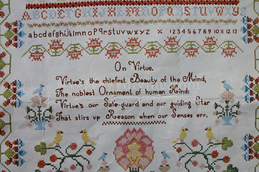 Rare VIRTUE Embroidery Sampler, Paragon Needlecraft Valentine Museum Reproduction, Vintage Cross Stitch Stitchery Kit # 0609, Belgian Linen