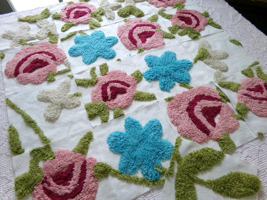 flower petals chenille fabric squares, set of 17 vintage style floral 6" craft blocks, pretty designs for quilt inlays, pillows, fiber arts