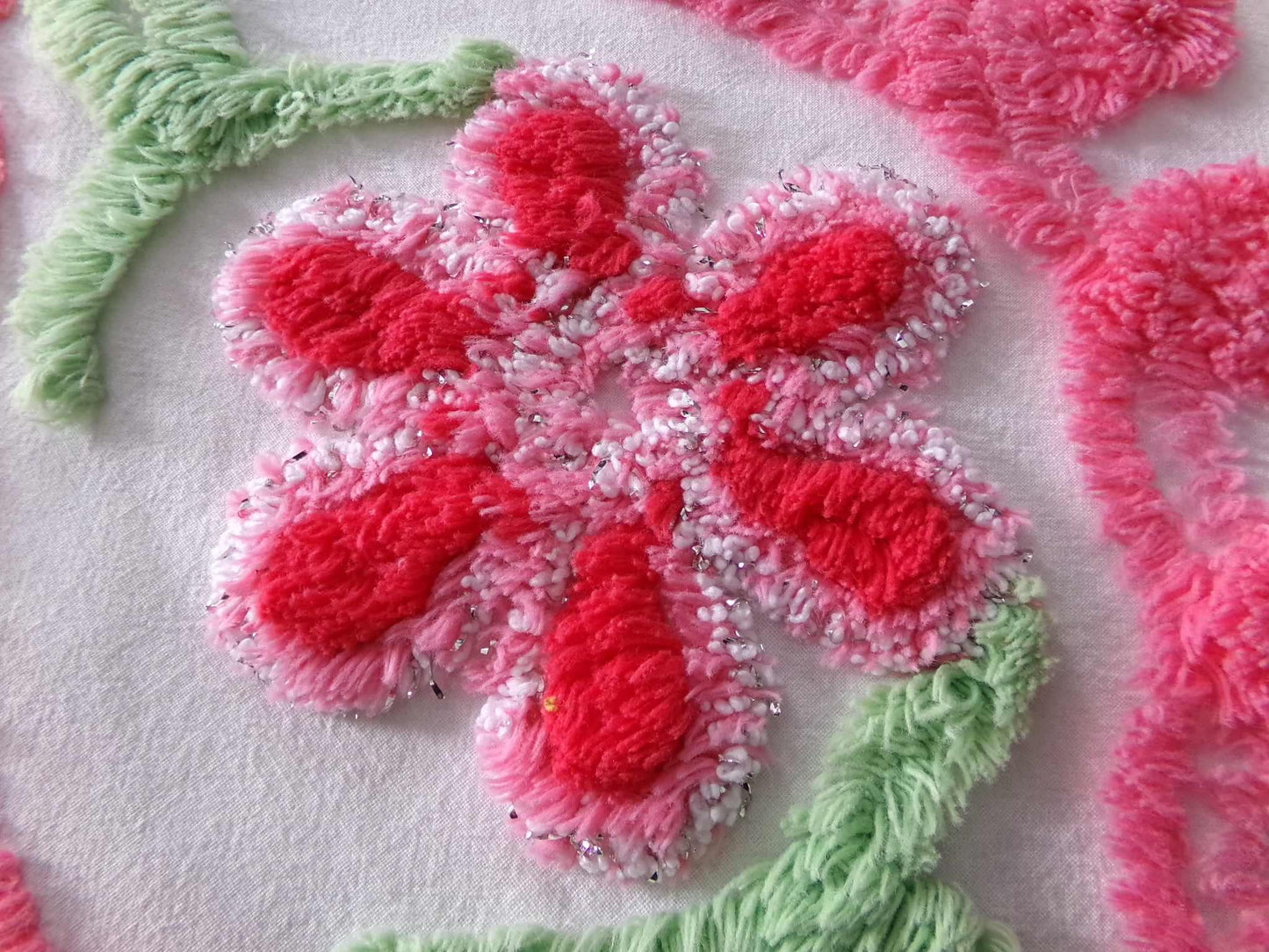 Hourglass Curlicue Vintage Chenille Fabric Piece, Sparkle Rose Flowers, 16" x 28" inches