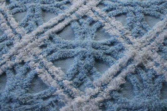 Breezy Coastal Vintage Style Chenille Fabric, 21" x 20" Inch Piece, Plush Sky Blue & White Geometric