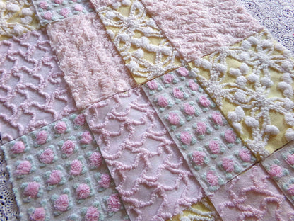 Whispers of Spring Vintage Chenille Fabric Squares Set 16 Blocks, 6" inch ea in Peach, Yellow, Pink & White daisies, rosebud, lattice, pops