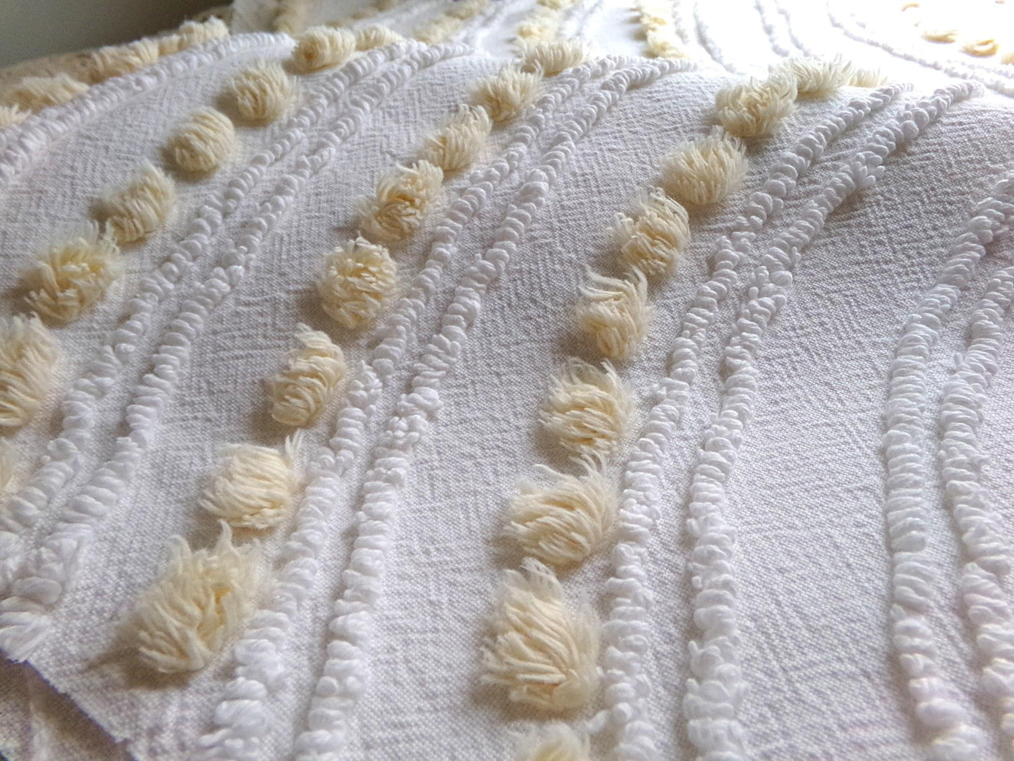 so shabby sweet vintage chenille fabric, needletuft florals with buttercup yellow puffs, 24"x 26" inch piece of quilt & sewing material