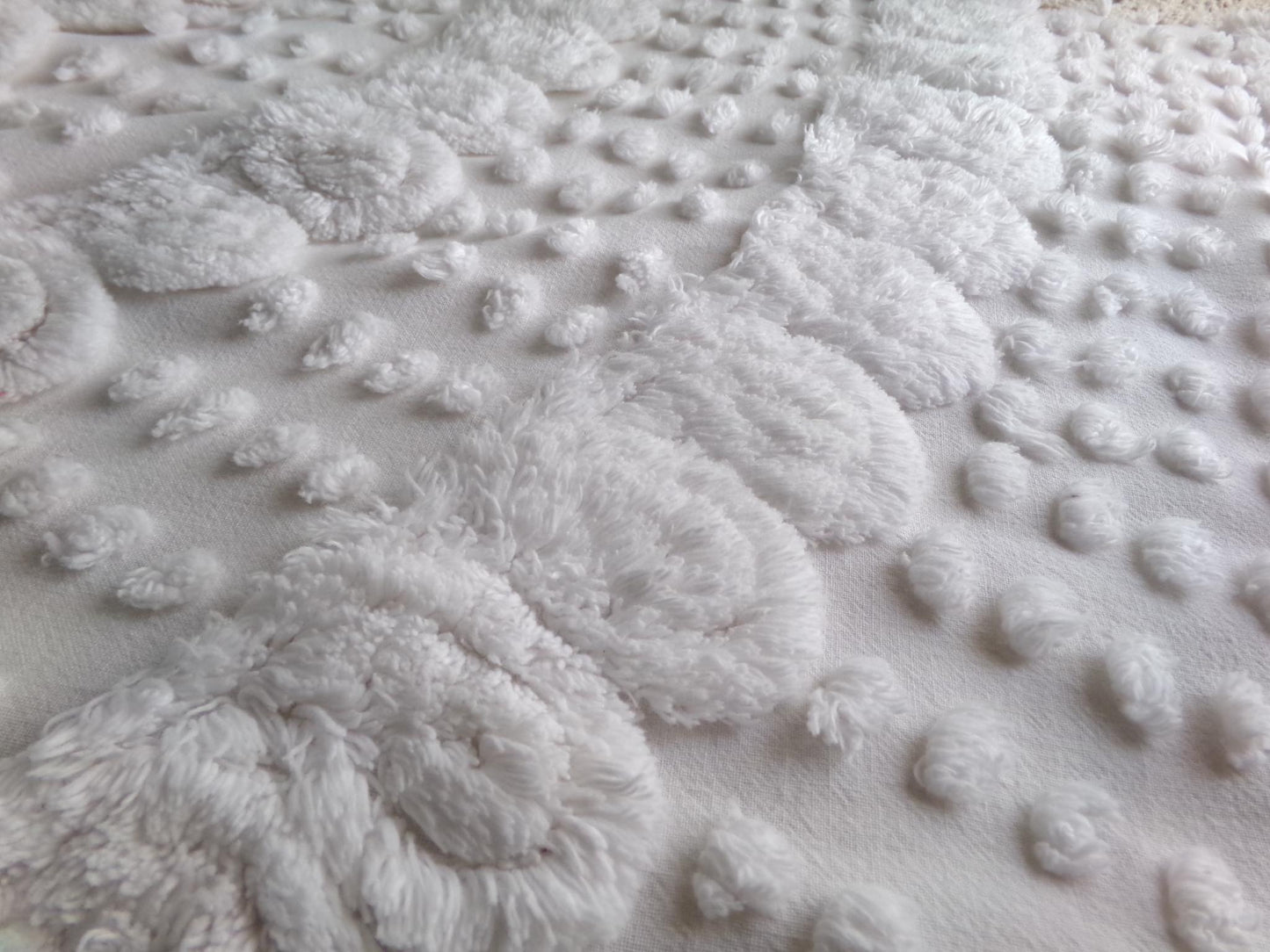 whisper white vintage chenille fabric, exquisite swirl dot design, 29" x 22" inch piece of plush cotton sewing material for quilts, crafts