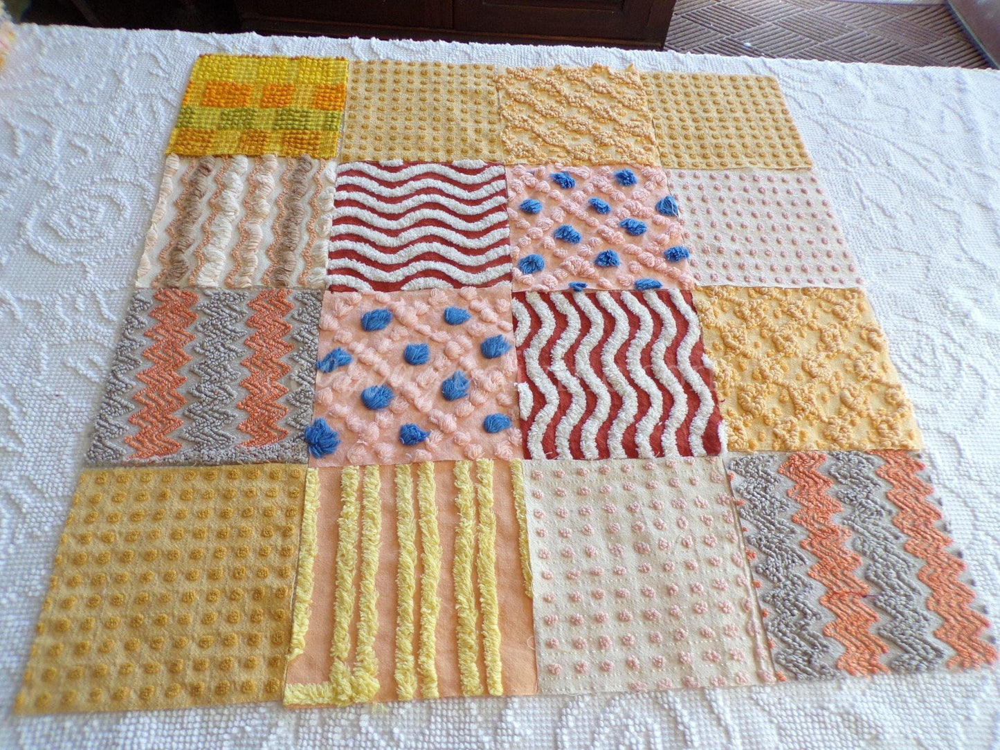 Southwestern Sunrise Chenille Quilt Squares Set from Vintage Bedspread Fabric, 16 Blocks, 6" x 6" inches each, Earthtones