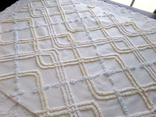 Coastal Life Vintage Chenille Fabric, Tonal Cream Geometric Design, Sky Blue Puffs, 20" x 24" Piece of Sewing Material for Quilting, Crafts