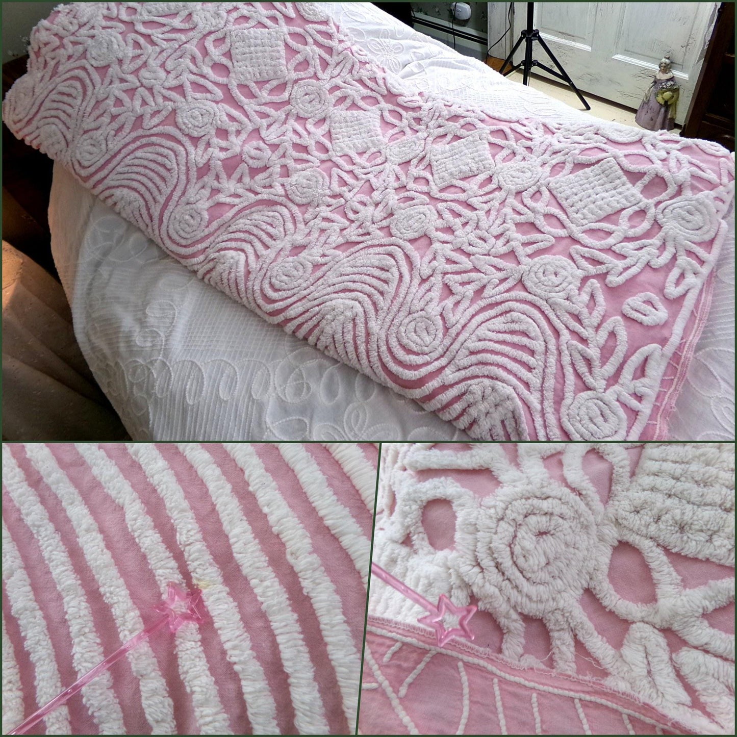 shabby pink fantasy cottage chenille bedspread, vintage white rose tufted full size cotton bedding