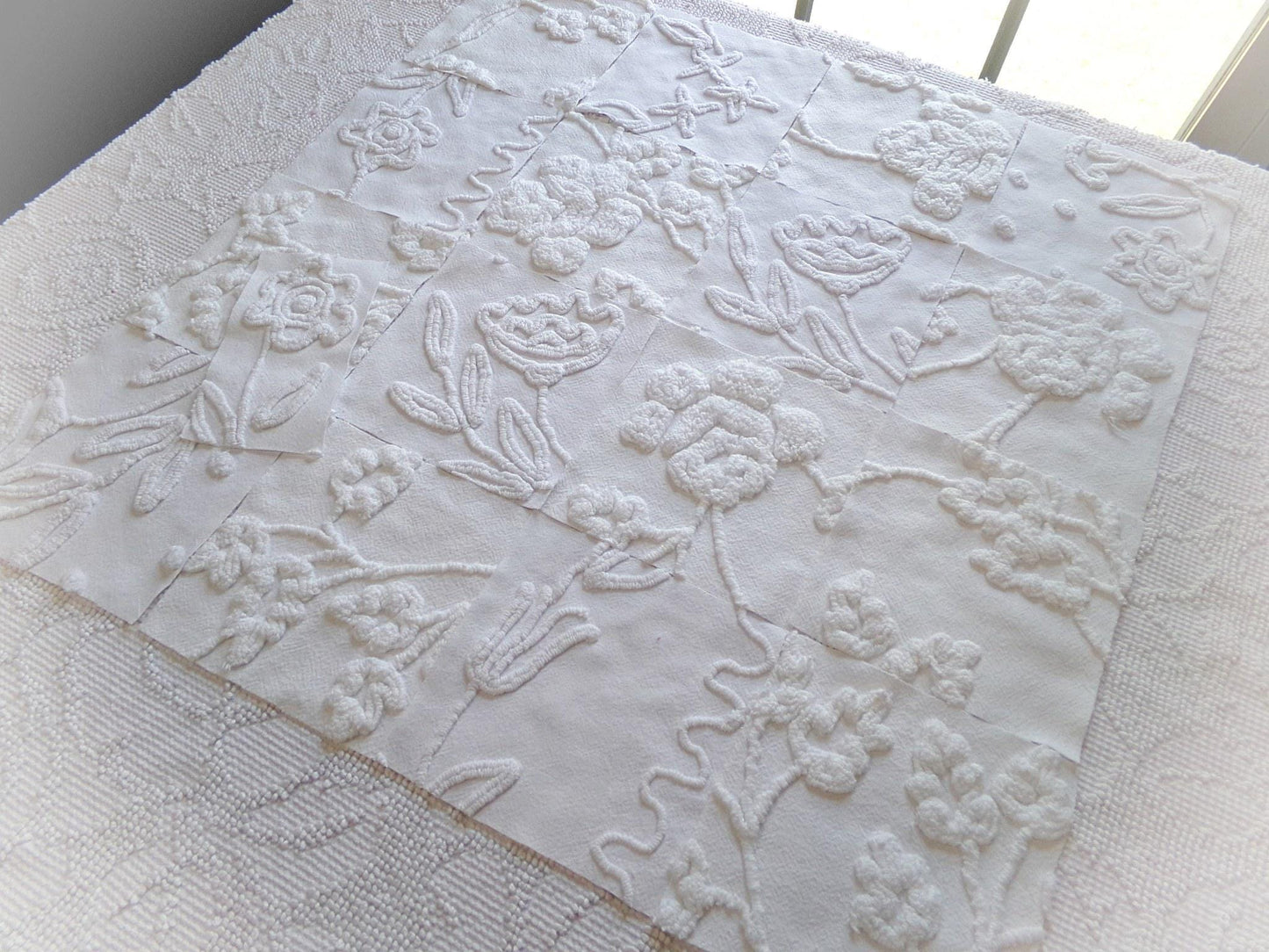 Vintage Chenille Fabric Squares in Rose Lily White Florals from Vintage Bedspread Fabric, Set of 16 Quilt Blocks, 6" x 6" inch