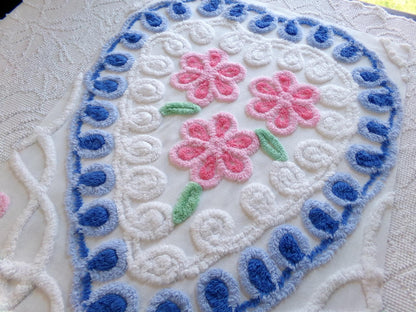 shabby pink & blue vintage chenille heart fabric, trio of roses with curlicue swirls, 18" x 22" piece of sewing material great for pillow