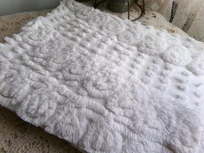 whisper white vintage chenille fabric, exquisite swirl dot design, 29" x 22" inch piece of plush cotton sewing material for quilts, crafts