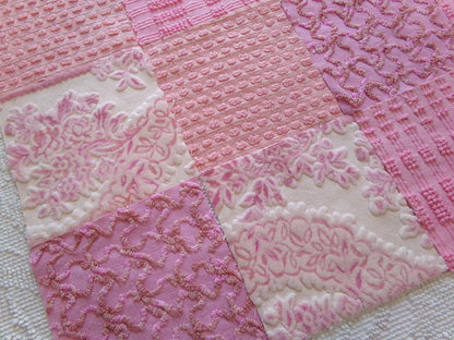lux pink velvet & chenille fabric squares, set of 16 texturized vintage craft quilt blocks 6" inches for quilt inlays, pillows, fiber arts