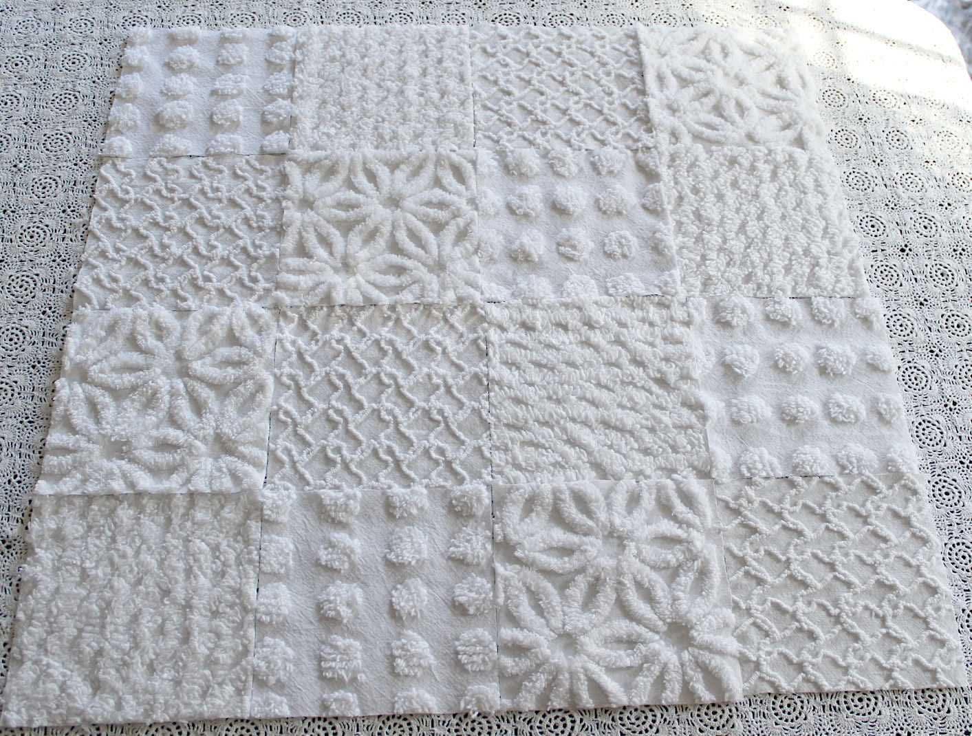 Snow Angel White Chenille Quilt Squares Set from Vintage Bedspread Fabric, 16 Blocks, 6" x 6" inch