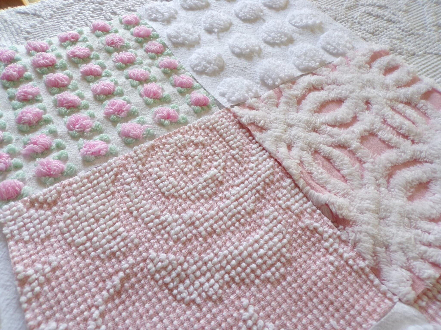 Pink Whispers Chenille Quilt Squares Set from Vintage Bedspread Fabric, 16 Blocks, 6" inch