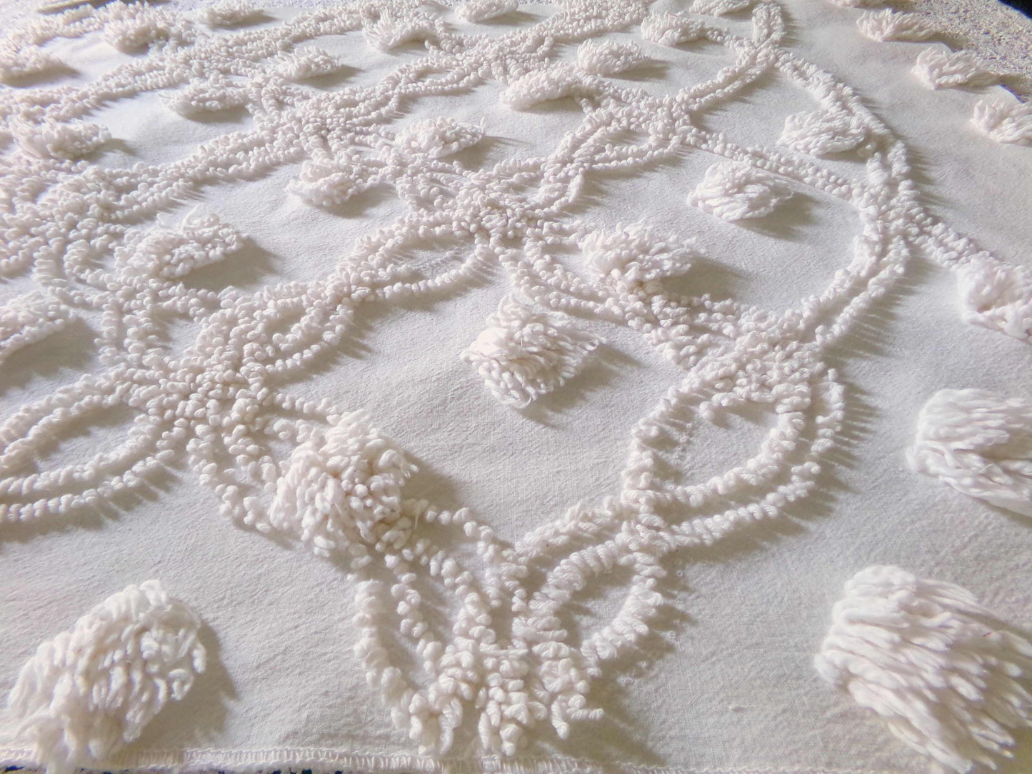 Fluffy Jumbo Pops Vintage Chenille Fabric, Shabby Chic Puffs, 21" x 25" inch Piece, Neutral Antique Cream for Pillows, Quilting