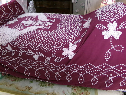 Antique Peacock Chenille Bedspread, Shabby Vintage Victorian Handmade Coverlet in Deep Wine with Snow White Tufting, Full Size Bedding