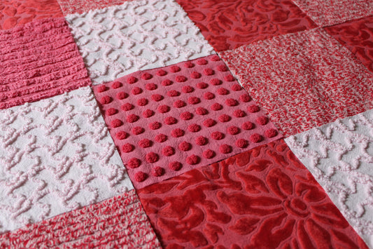 Cupid's Kisses Chenille & Velvet Craft Squares Set from Vintage Bedspread Fabric, 16 Blocks, 6" inch in Pink, Red
