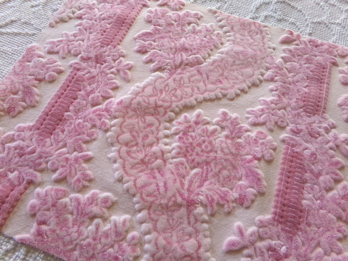 mystic pink cut velvet fabric, vintage Bates tapestry chenille material, a favorite in bags & totes, 13" x 23" inch piece