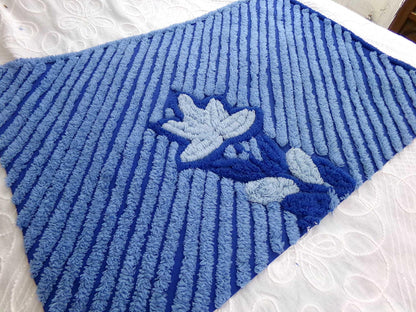 Midnight Blue Plush Vintage Chenille Bedspread Fabric, Water Lily on Diagonal Stripes, 18" x 25" inch Piece, Sewing & Quilt Material